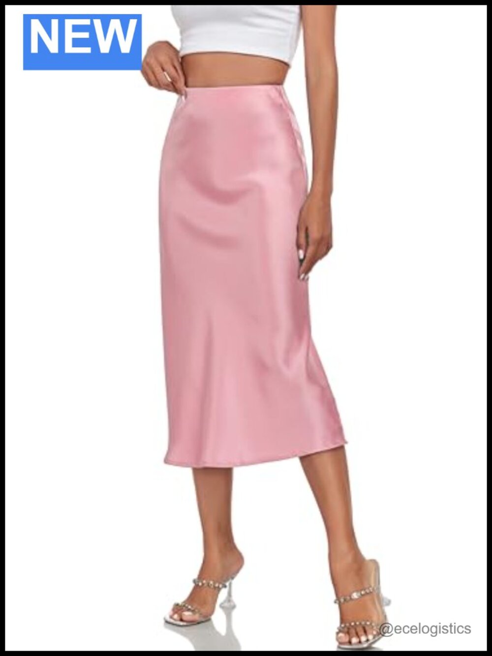 Silk Satin High Waist A-Line Midi Skirt with Slit